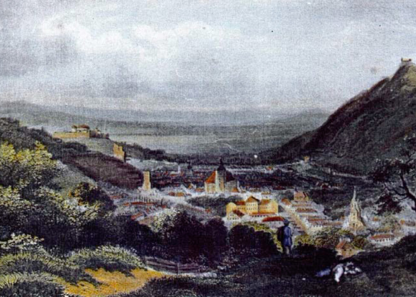 Cetatea brasov 1820 vedere spre sud-vest desen color de l rohbock gravor i popel